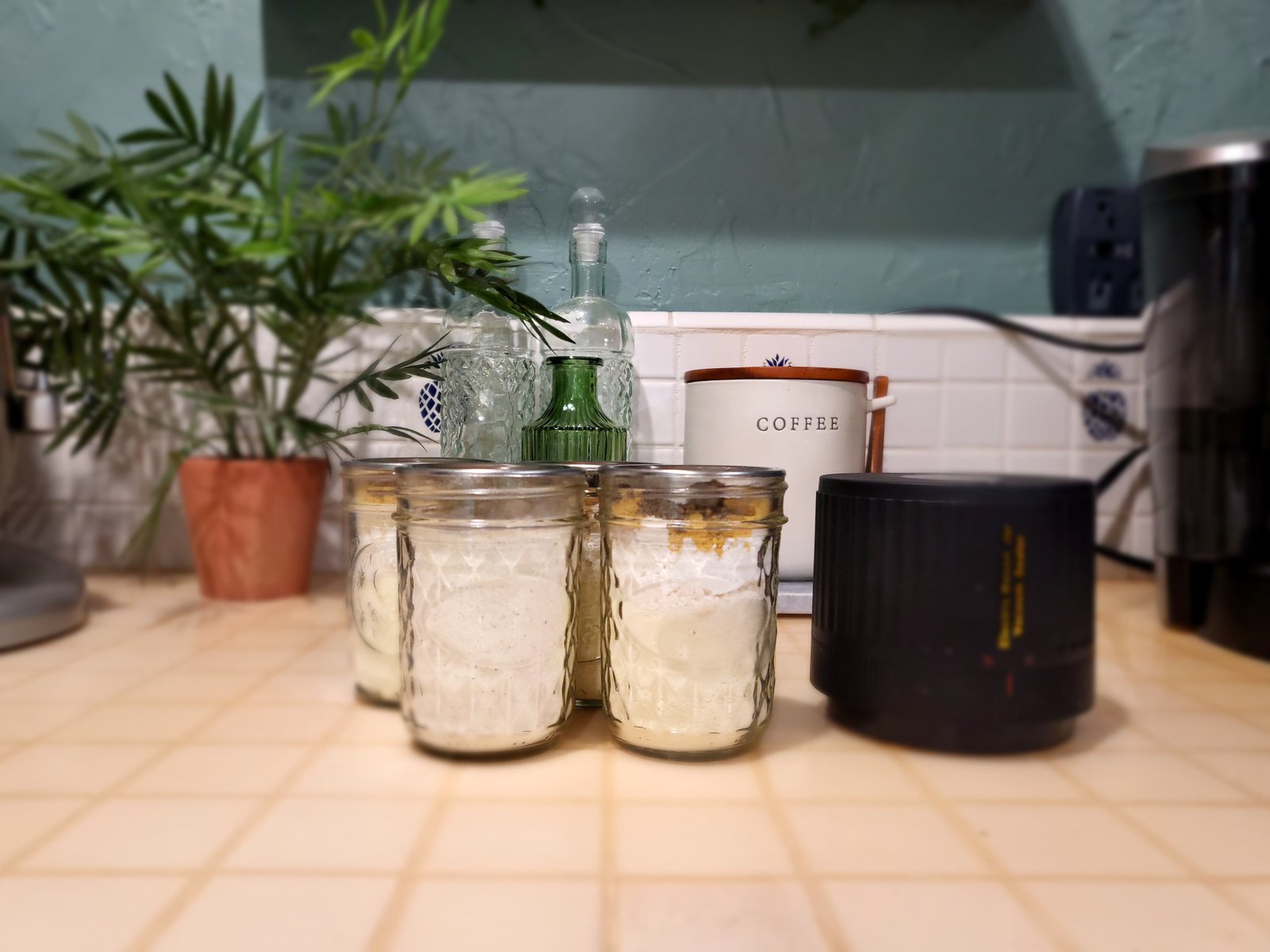 four jars with sauce mix next to a mason jar sealer