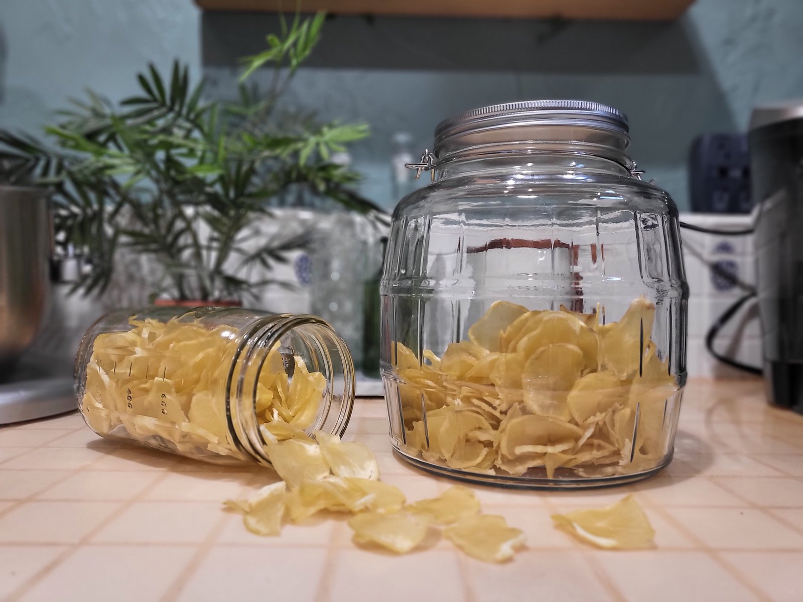 glass jars with dehydrated potatoes