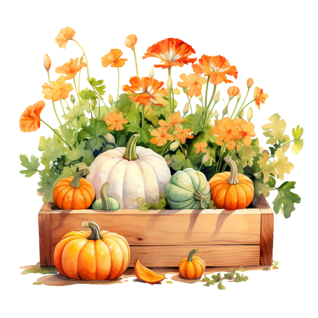 watercolor wooden planter box with flowers and pumpkins