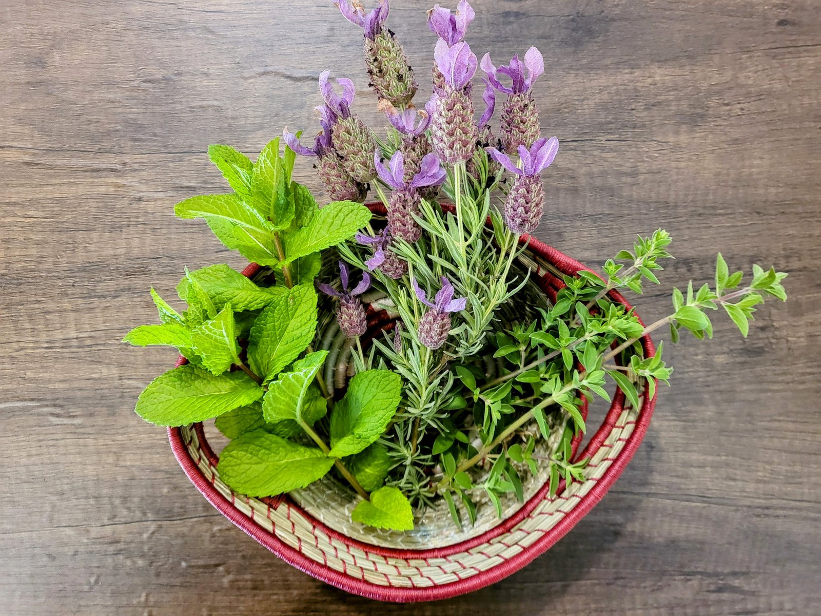 herb basket with mint, oregano and lavender