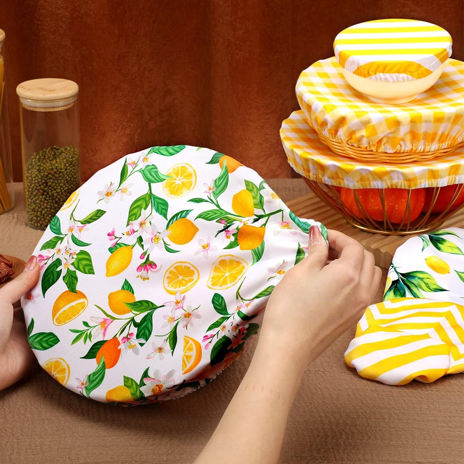 Reusable fabric bowl covers with a lemon and yellow theme