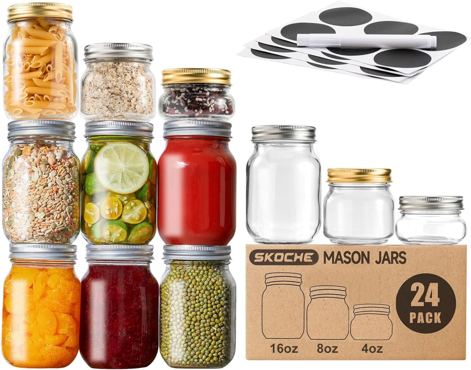 assortment of mason jar sizes with labels