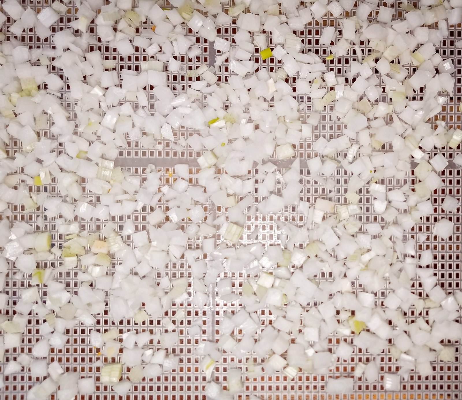 diced onions on a dehydrator tray