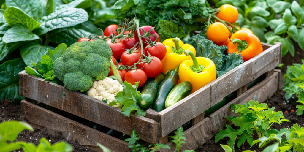 wood crate full of fresh vegetables