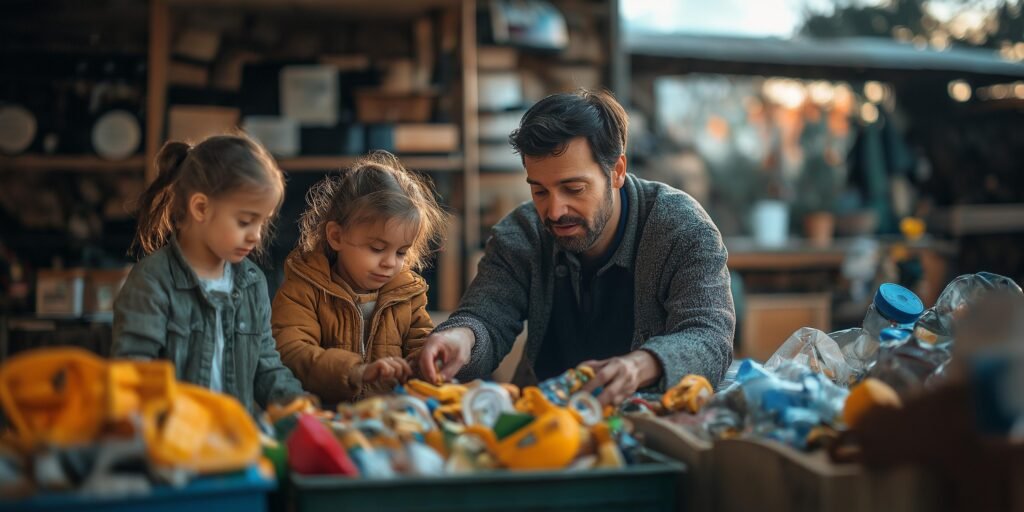 father with two children sorting through recyclable materials