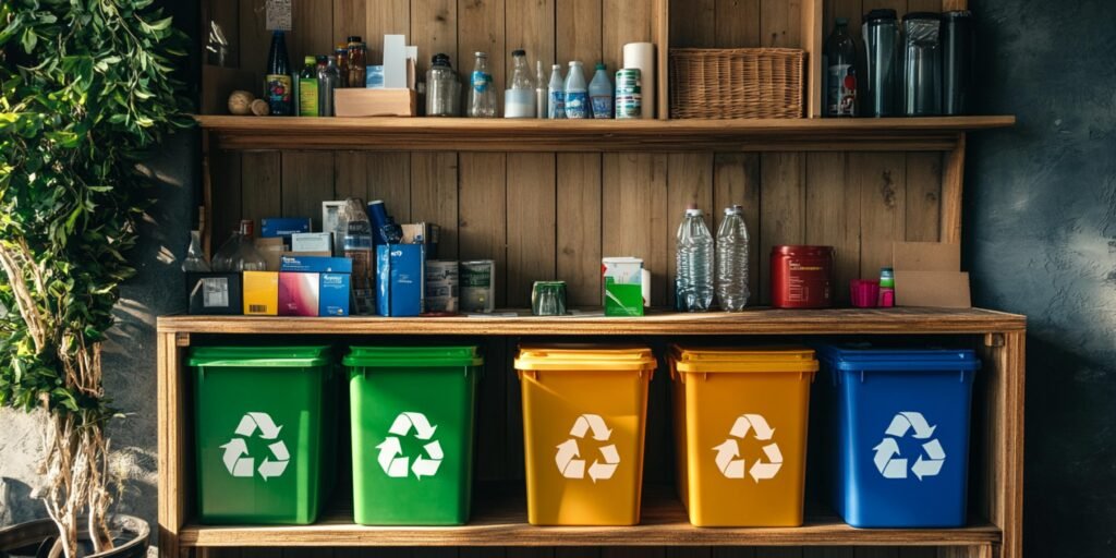 recycling station with colorful bins and shelving for recyclables