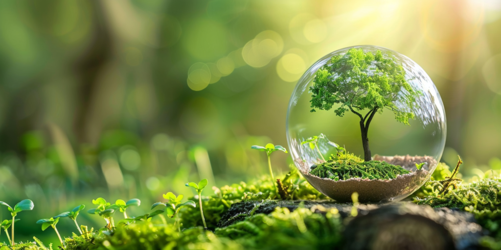 tree in a bubble on a green forest floor