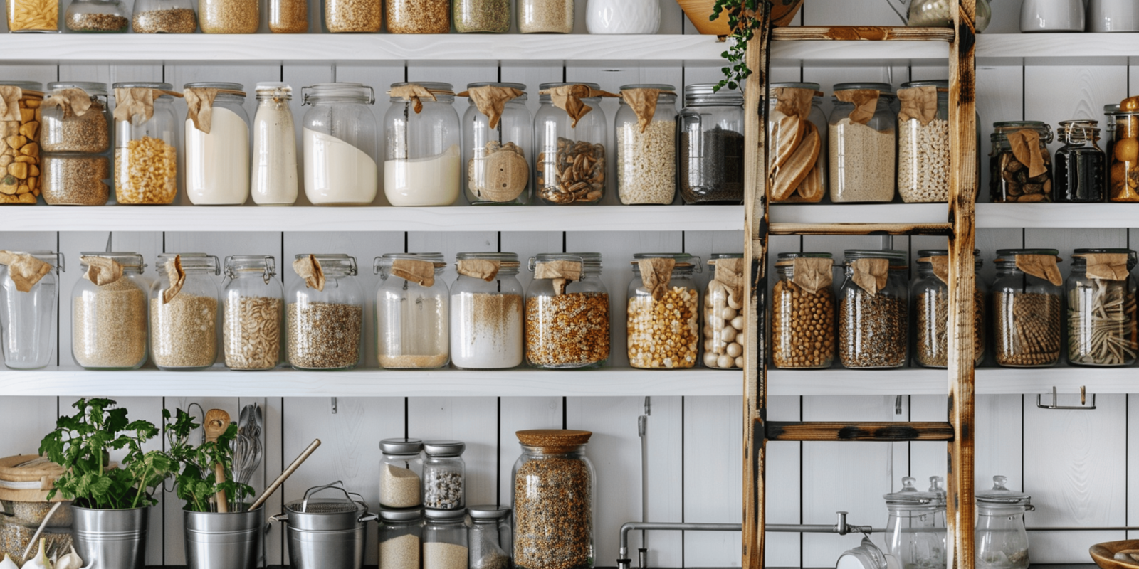 canned goods on a shelf with a white wall background