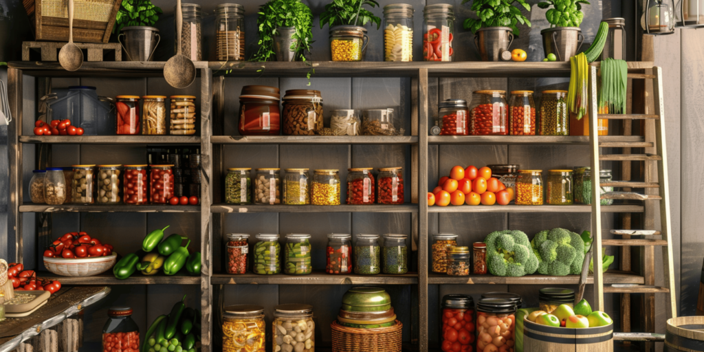 canned goods on a brown shelf