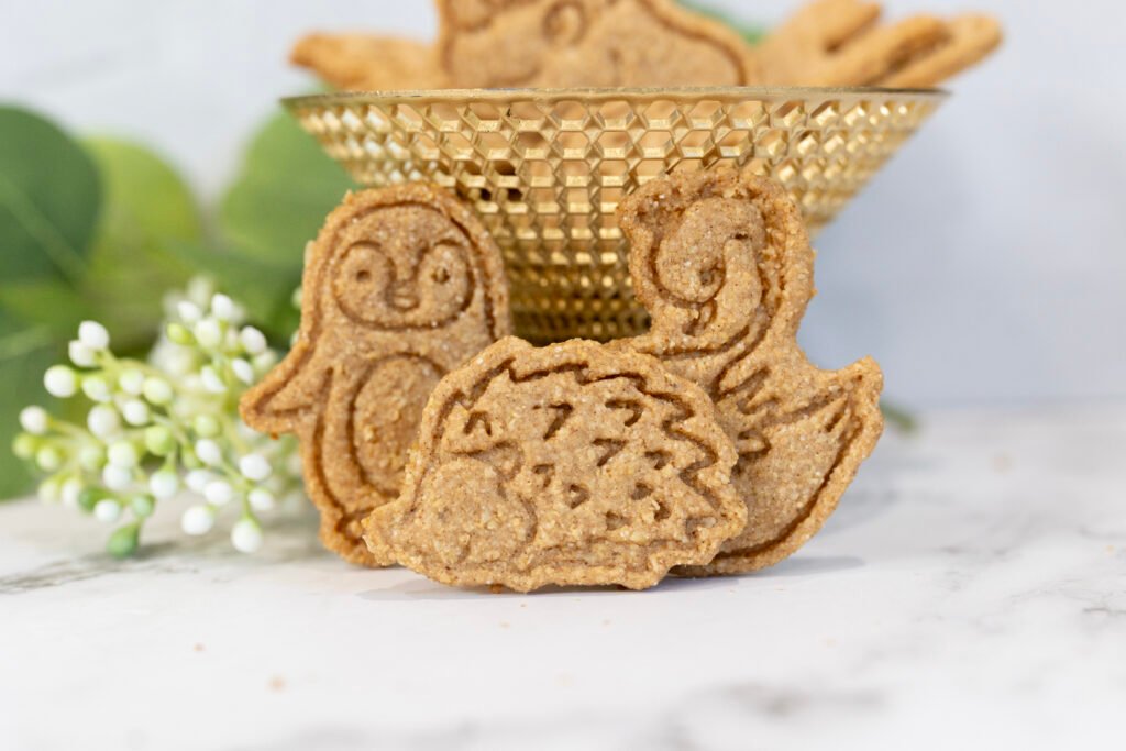 homemade animal crackers with a hedgehog, a penguin and a swan