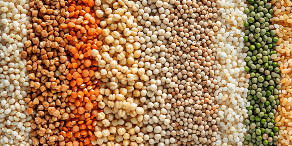 assortment of dry beans in colorful rows