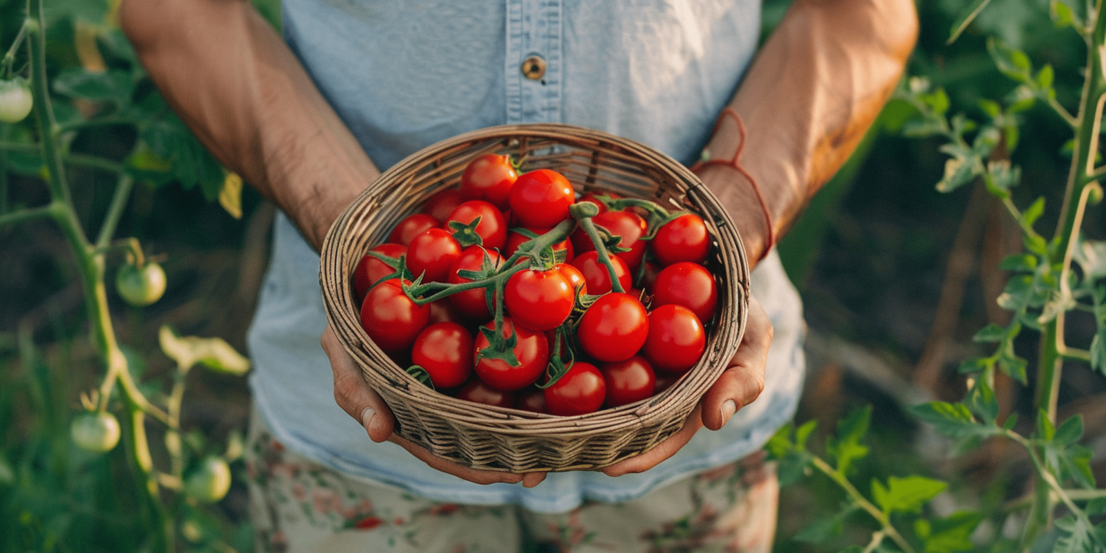 man holding a small basket of tomatoes in a tomato garden