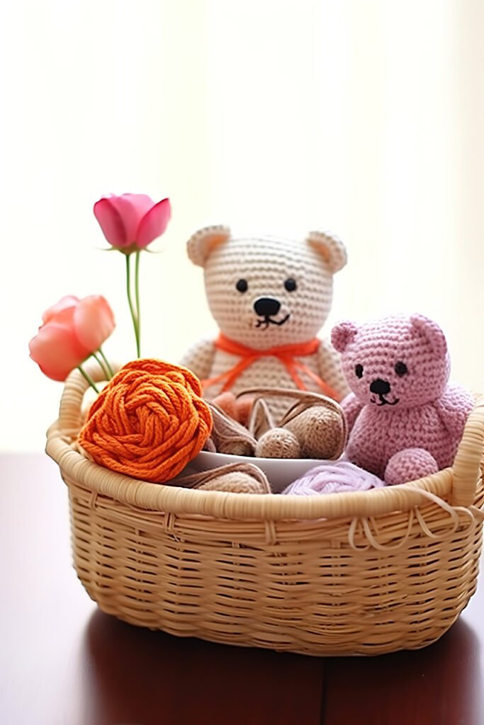 crochet bears in a basket with yarn