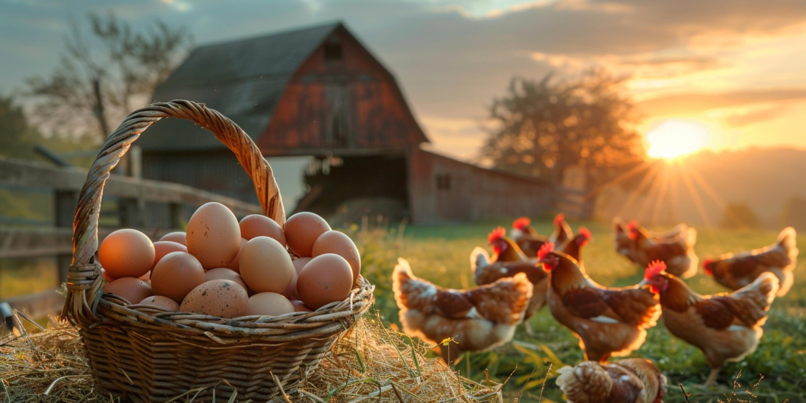 basket of fresh farm eggs with chickens and a barn in the background at sunset