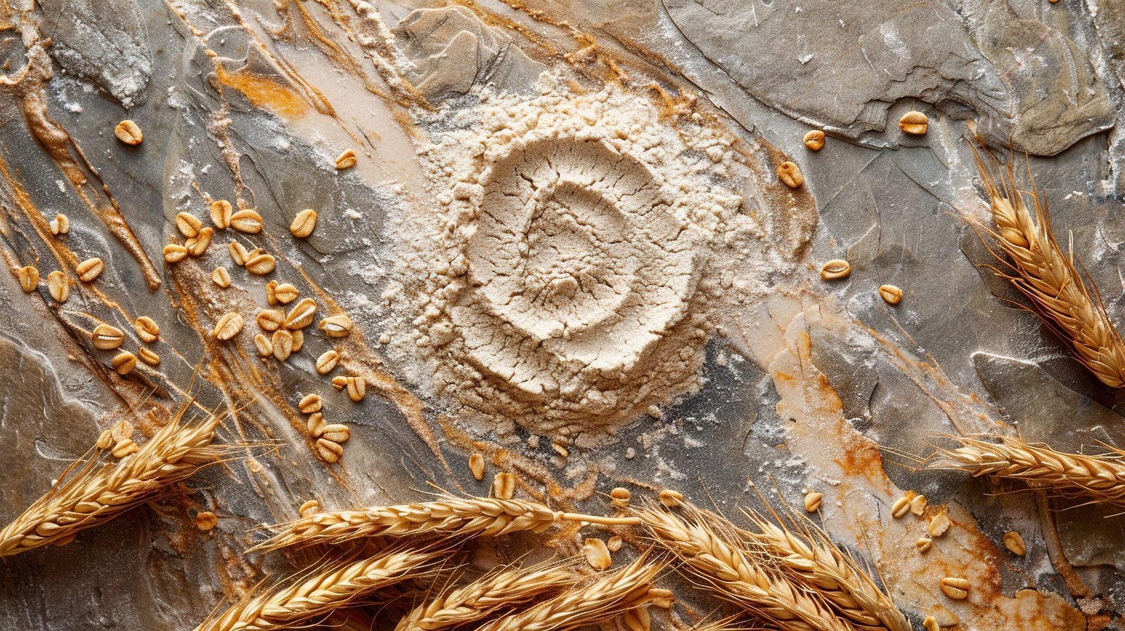 a pile of flour arranged in a spiral on a stone with oars and wheat stalks around it