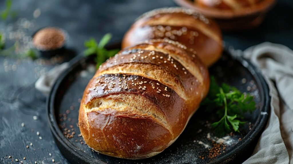 fresh baked bread loaf on a black table