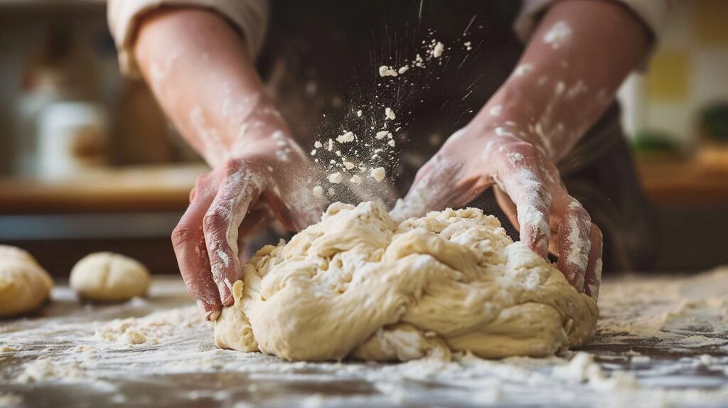 someone kneading bread dough with flour on the table