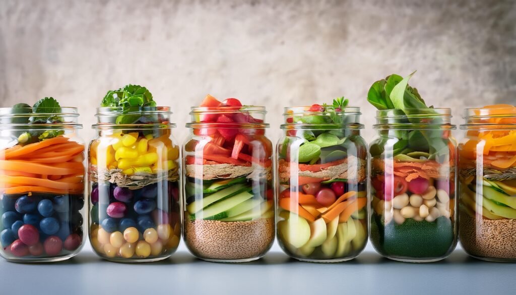 row of mason jars full of fresh vegetables and beans