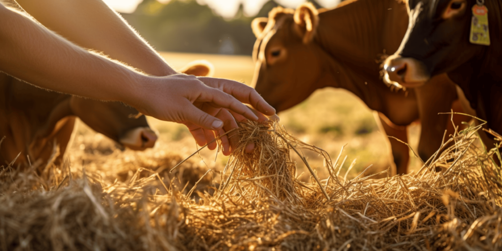 people grabbing hay in a field with cows nearby