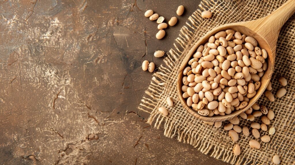 wooden spoon on some burlap filled with dry beans