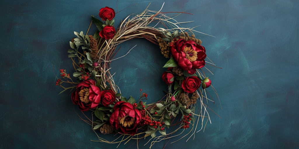 wreath with red flowers and natural grasses