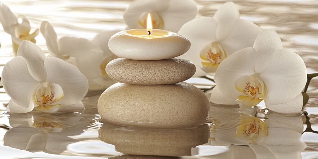 rock-shaped candle on top of some stacked rocks