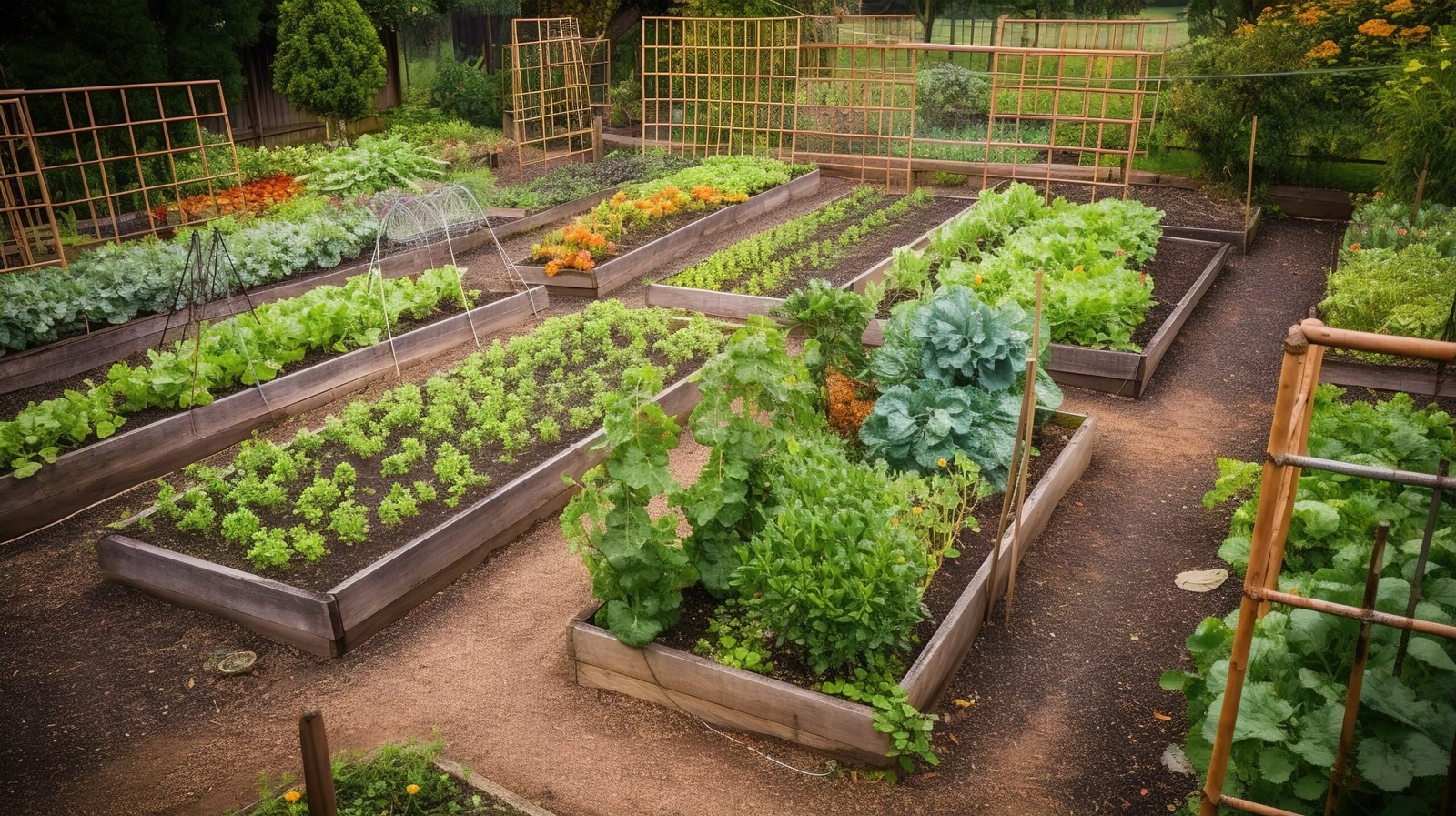 view of a vegetable garden in wood, rectangular planters