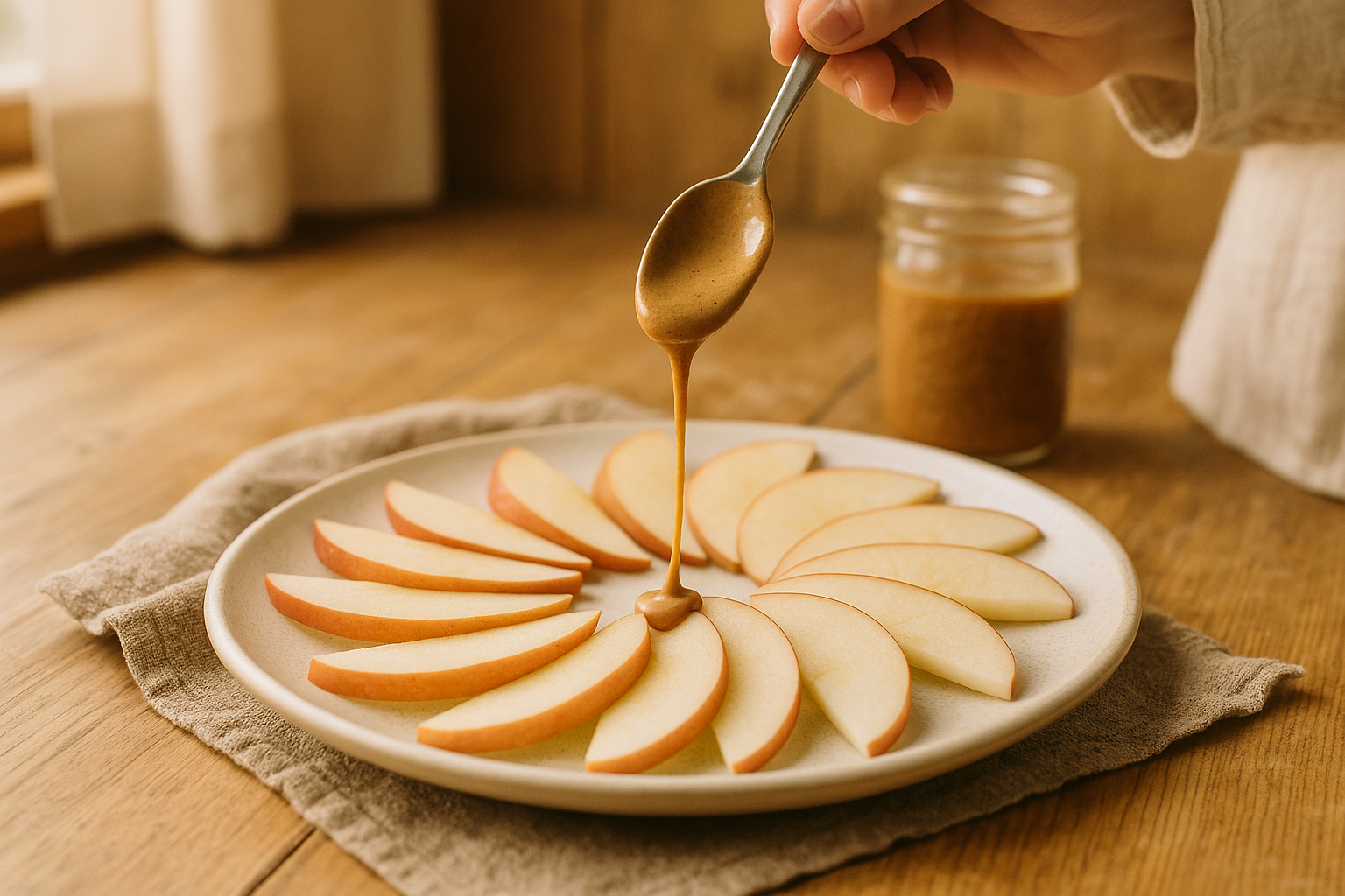 A close-up of a spoon drizzling creamy almond butter over thinly sliced apple nachos on a ceramic plate, surrounded by small bowls of toppings like granola and coconut.