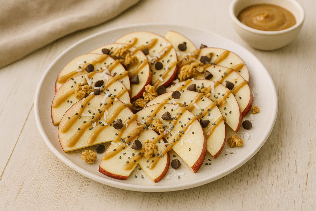 A plate of neatly arranged apple nachos drizzled with nut butter and sprinkled with coconut flakes and granola, set on a rustic wooden table with a soft farmhouse aesthetic.