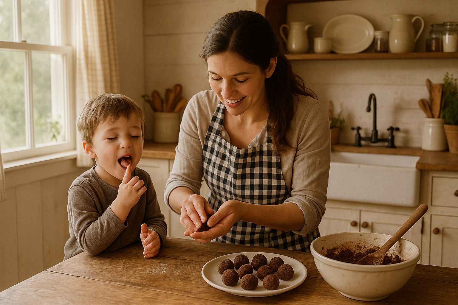 woman rolling out fudge balls while her young son eats them