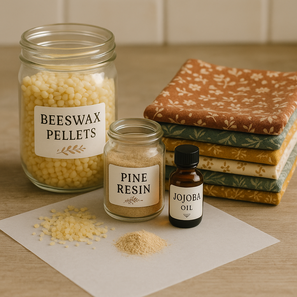 Glass jars labeled “Beeswax Pellets,” “Pine Resin,” and “Jojoba Oil” sit beside a stack of boho floral fabrics with small piles of resin and wax in front.