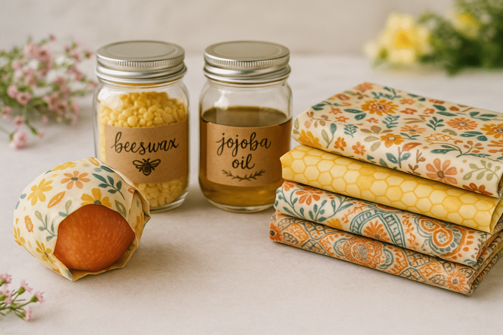 An overhead photograph of handmade beeswax wraps in cheerful patterns, surrounded by natural ingredients like beeswax pellets and pine resin. The scene is styled on a rustic wooden surface with a light, neutral background, creating a warm, homestead-inspired feel.