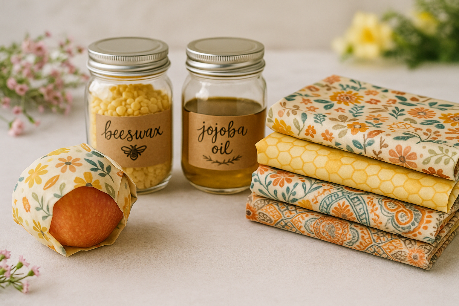 An overhead photograph of handmade beeswax wraps in cheerful patterns, surrounded by natural ingredients like beeswax pellets and pine resin. The scene is styled on a rustic wooden surface with a light, neutral background, creating a warm, homestead-inspired feel.