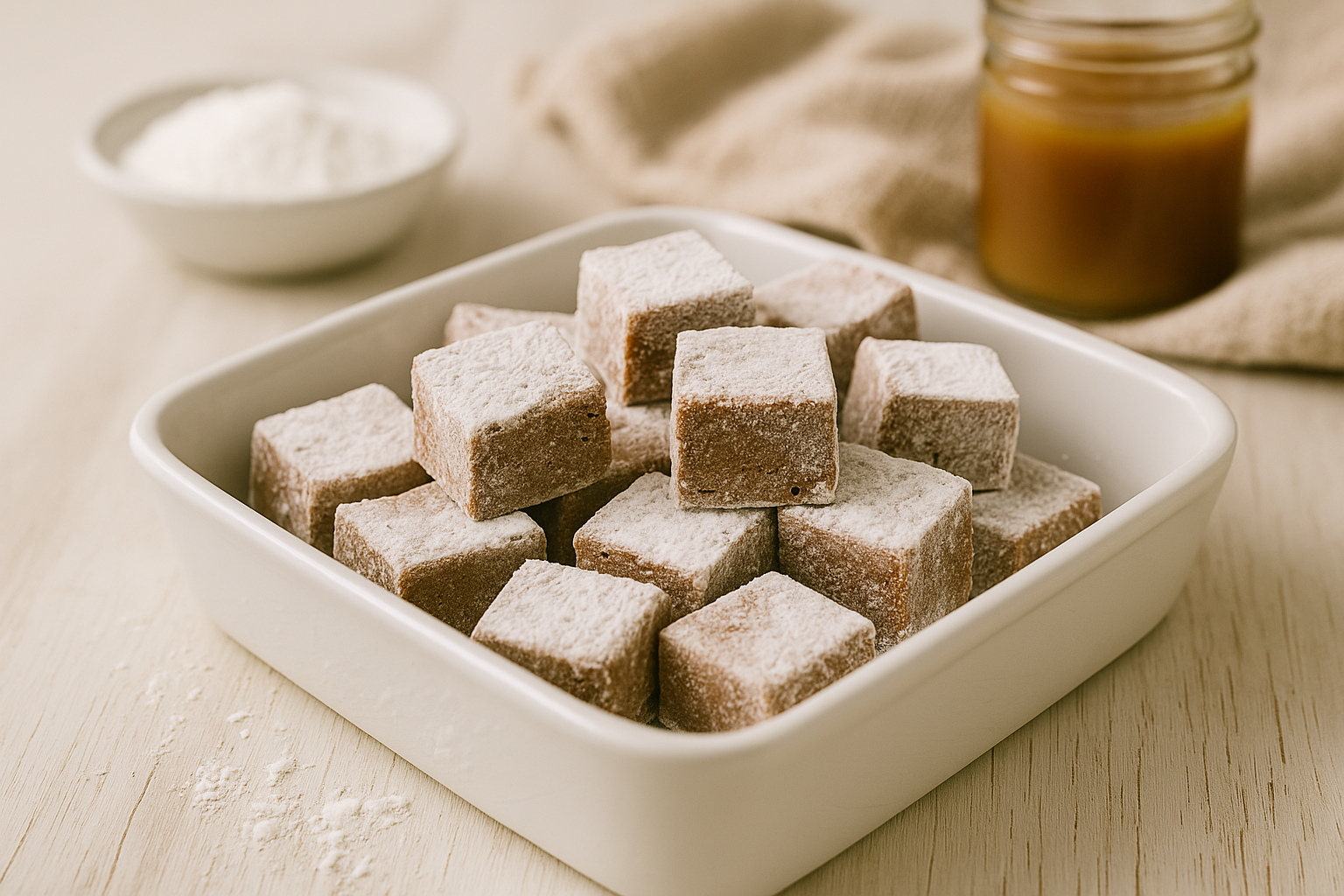 A white ceramic dish filled with powdered sugar–coated salted caramel marshmallows, set on a wooden table with a jar of caramel and a bowl of powdered sugar in the background.