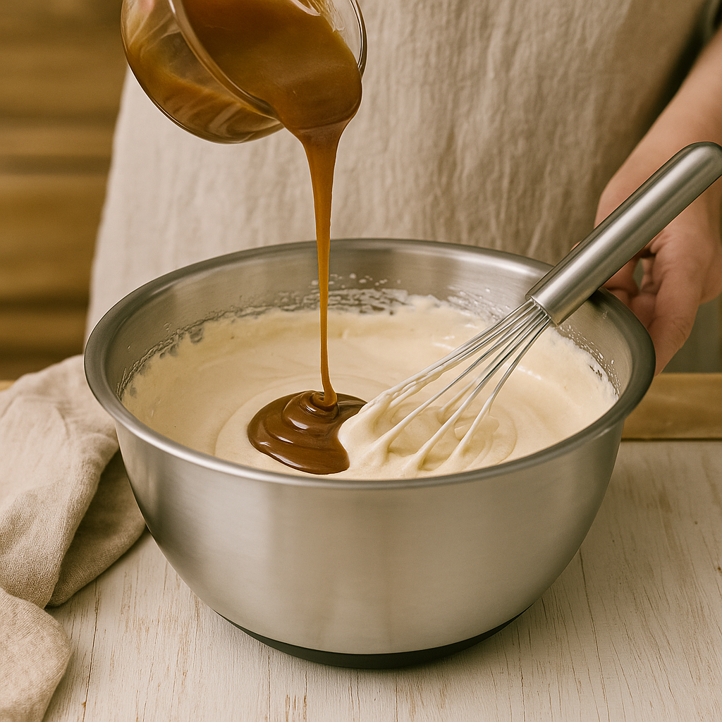 Golden caramel sauce being poured into a fluffy marshmallow mixture in a metal mixing bowl, with a whisk resting inside and a rustic kitchen towel nearby.