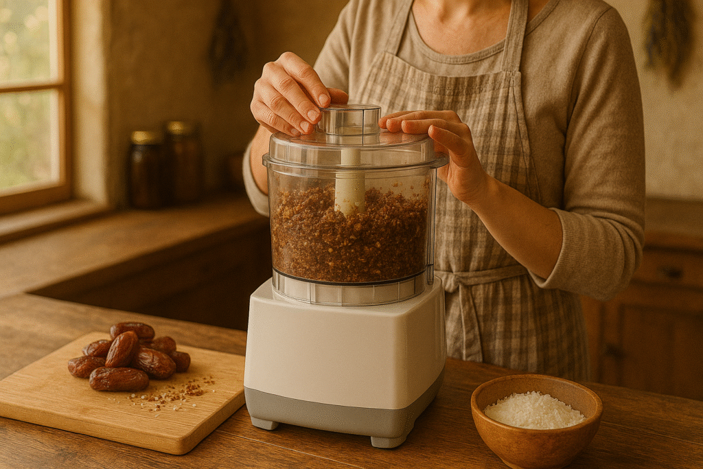 dates getting chopped in a food processor