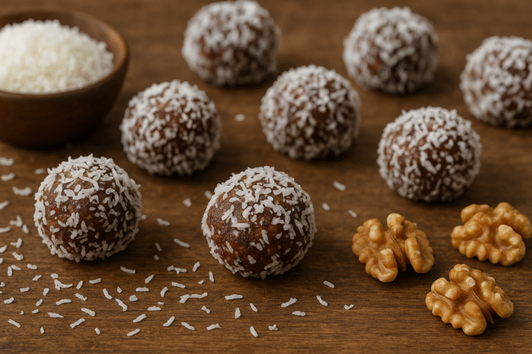 date balls rolled in coconut on a wood counter with walnuts and a small bowl of salt