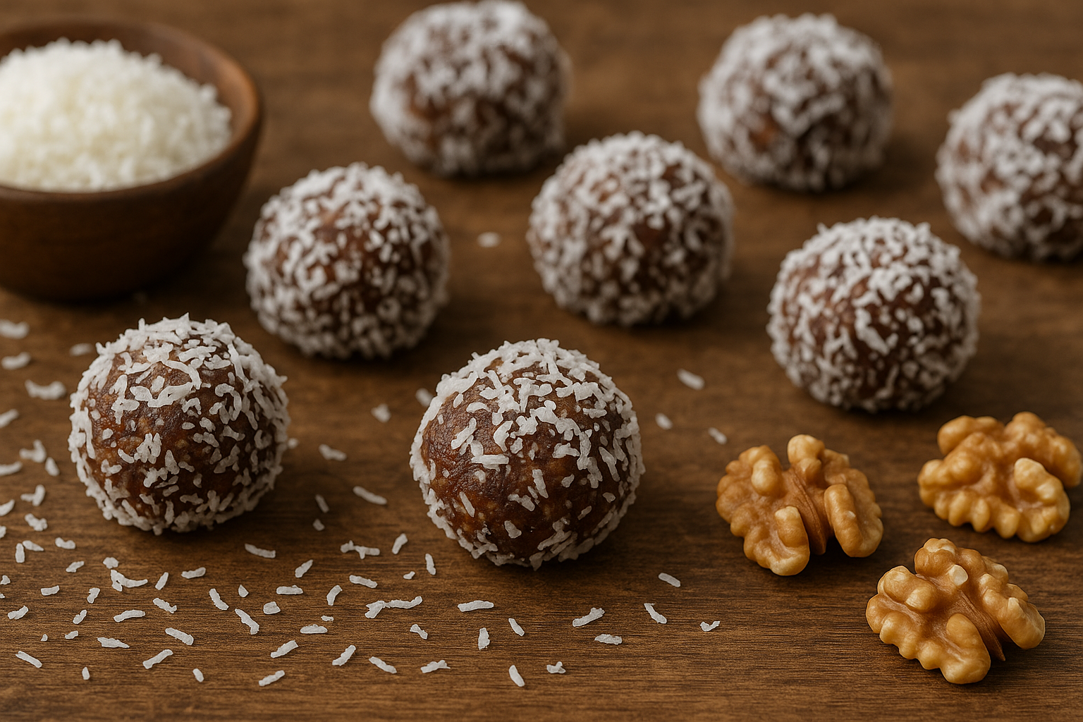 date balls rolled in coconut on a wood counter with walnuts and a small bowl of salt