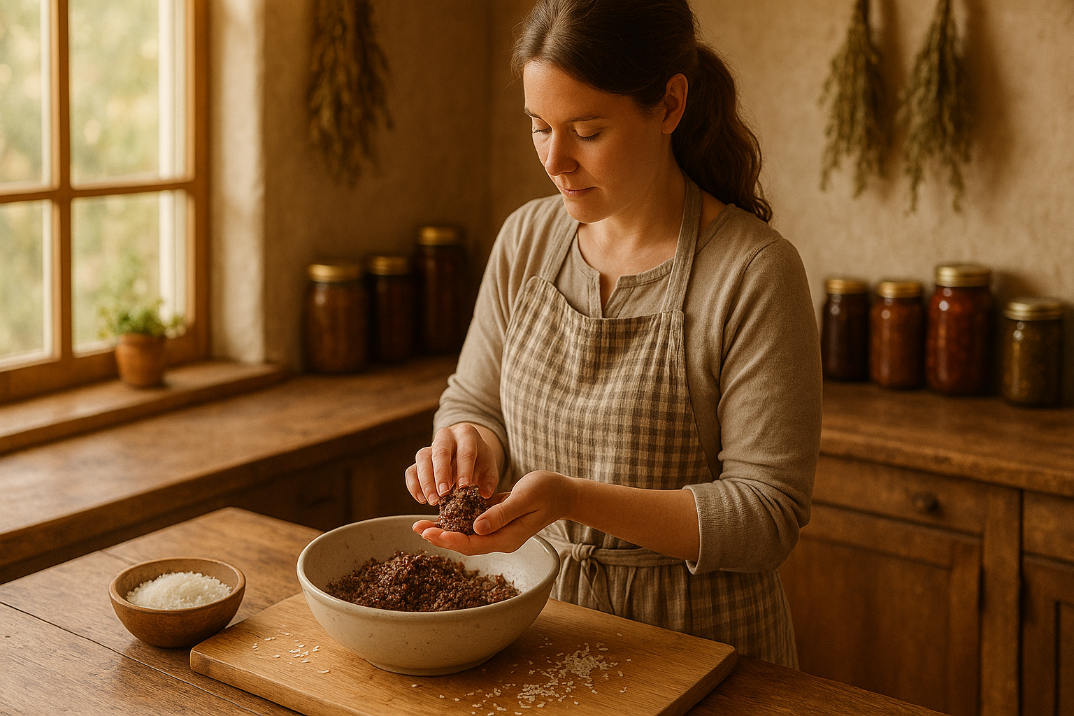 woman in a farmhouse kitchen rolling dough into balls at the counter