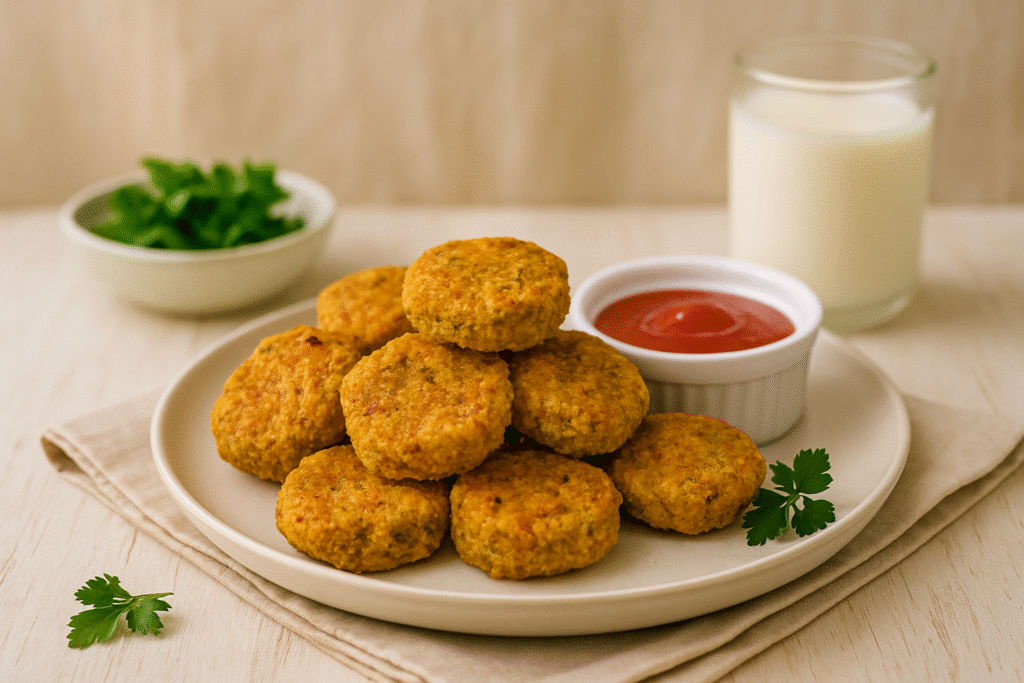A plate of golden-brown veggie nuggets served with a small ramekin of ketchup, garnished with parsley, next to a glass of milk and a bowl of fresh herbs.