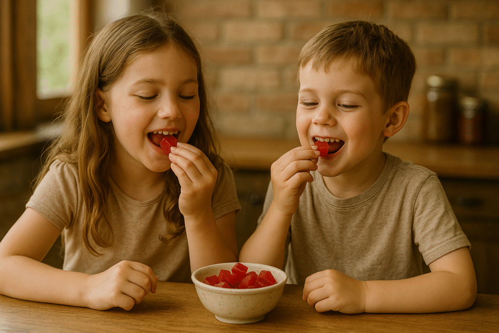 two children eating homemade gummies