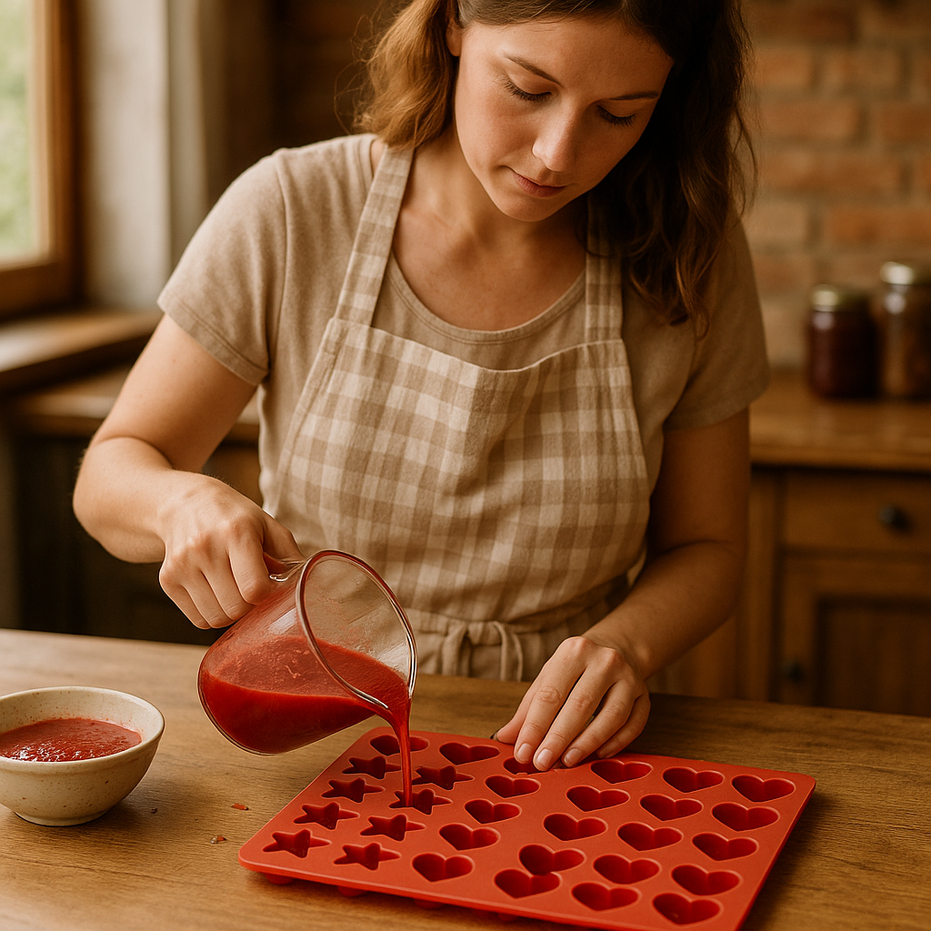 woman pouring melted homemade gummy syrup into molds
