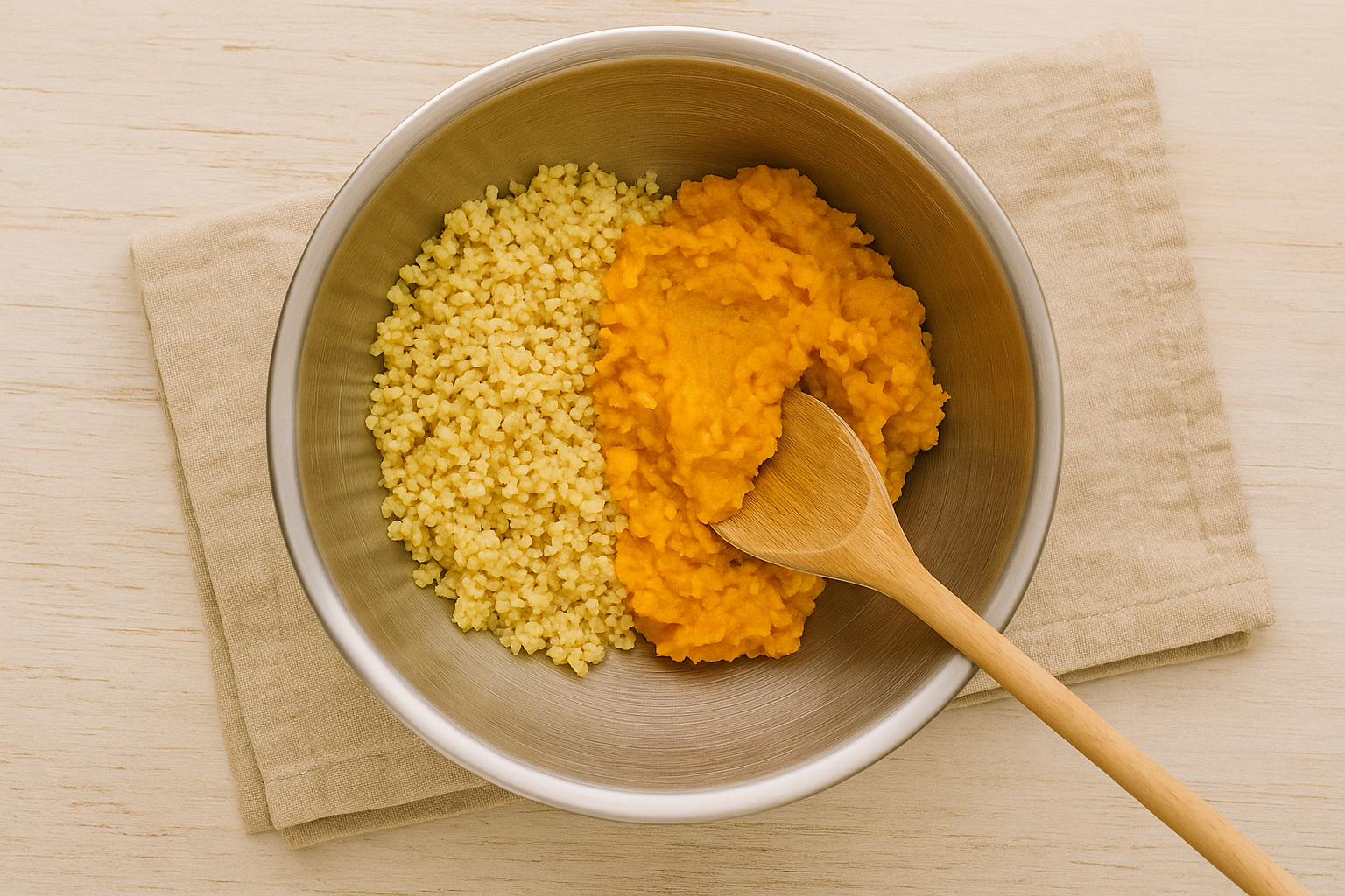 Overhead view of a stainless steel bowl with cooked millet and mashed sweet potatoes, ready to be mixed with a wooden spoon.