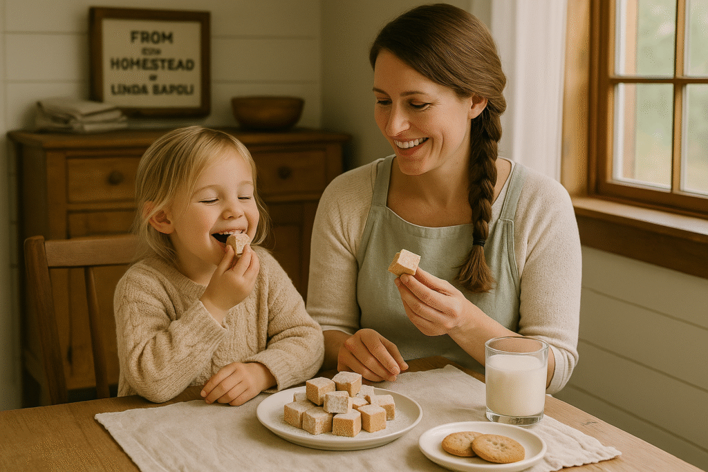 A smiling mother and young daughter enjoy homemade caramel marshmallows together at a farmhouse table, with a plate of treats and a glass of milk between them.