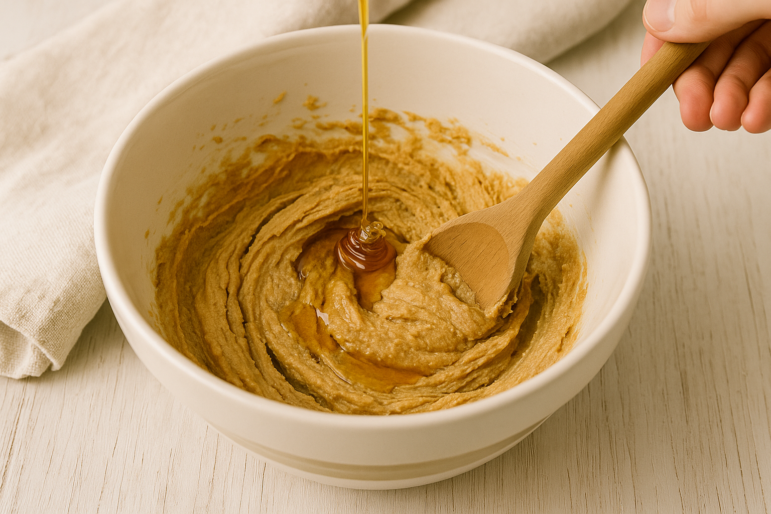 A ceramic bowl of peanut butter mixture being stirred with a wooden spoon while honey is drizzled in from above.