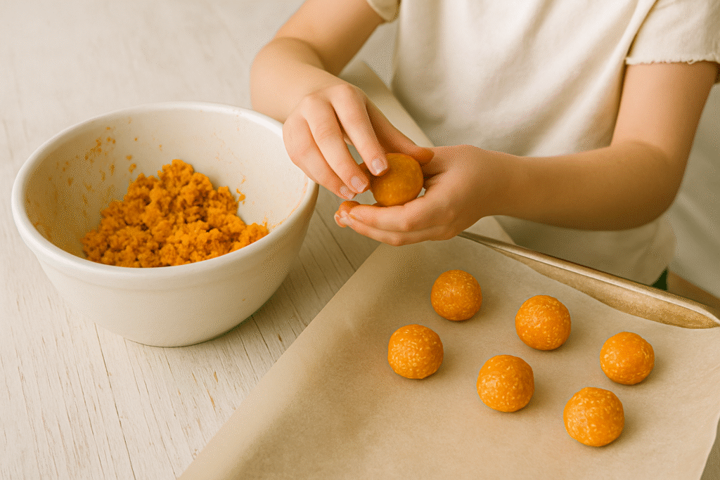A child’s hands roll veggie nugget dough into balls over a parchment-lined baking sheet, with a ceramic bowl of mixture beside them.