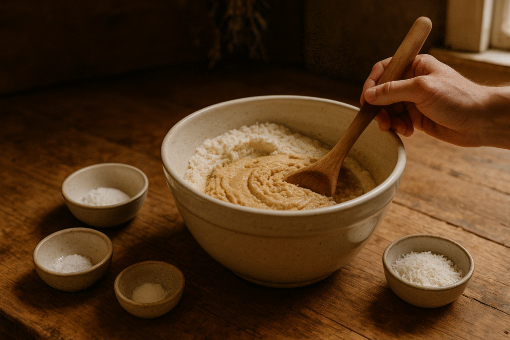 A mixing bowl mid-stir with fudge ball ingredients visible