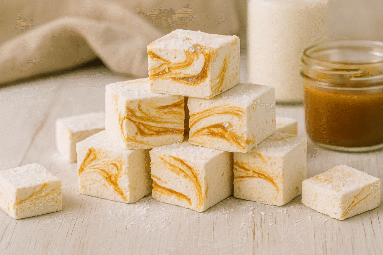 A stack of homemade salted caramel marshmallows swirled with golden caramel and dusted with powdered sugar, displayed on a rustic wooden surface beside a jar of caramel sauce.