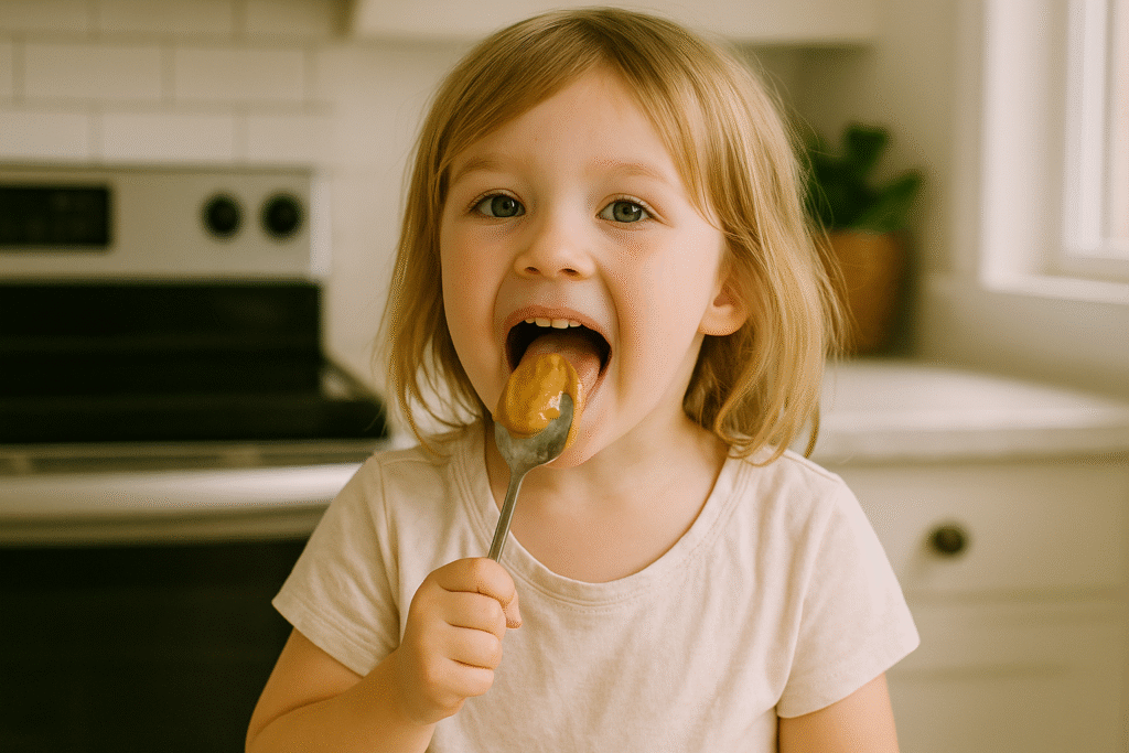 A smiling young girl with blue eyes licks peanut butter from a spoon in a sunlit kitchen, wearing a soft beige shirt.