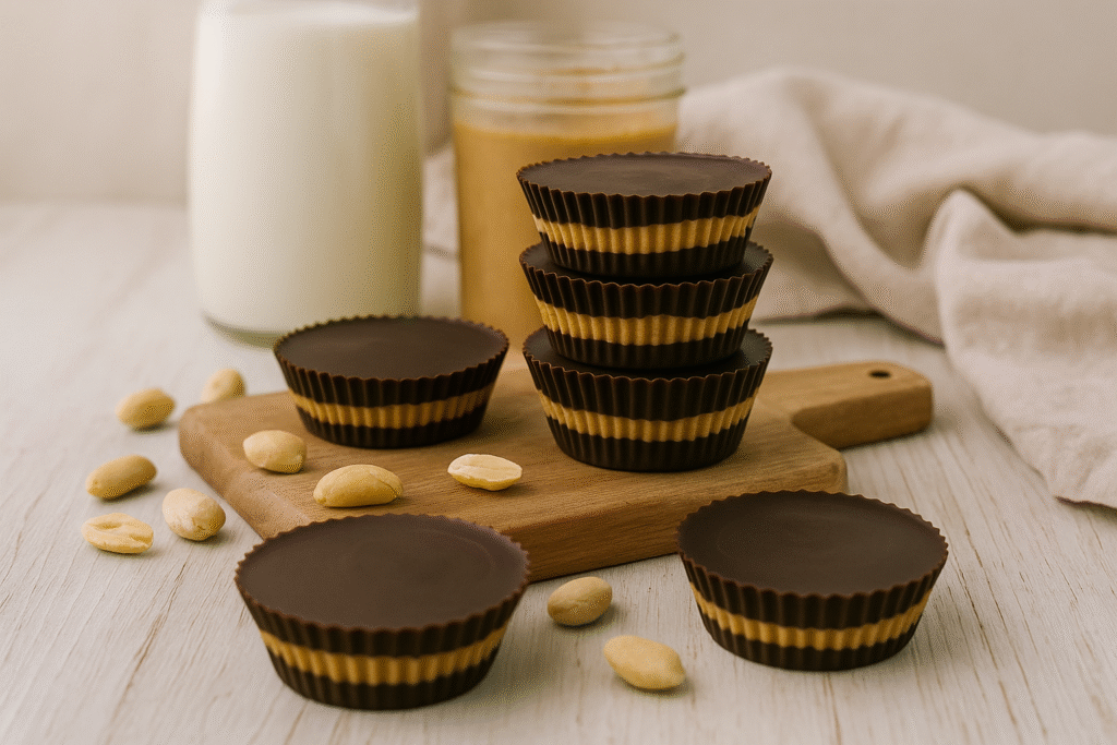 Stacked homemade peanut butter cups with honey-sweetened filling on a wooden board, surrounded by peanuts, milk, and a jar of peanut butter.